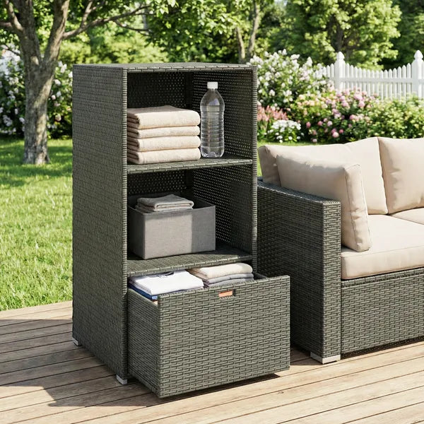 Valet Pool Towel Rack, Water-Resistant PE Plastic Rattan Wicker Storage Organizer, 2 Shelves, 1 Basket Drawer, Dark Gray - product image 6