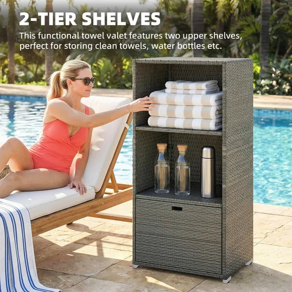Valet Pool Towel Rack, Water-Resistant PE Plastic Rattan Wicker Storage Organizer, 2 Shelves, 1 Basket Drawer, Dark Gray - product image 3