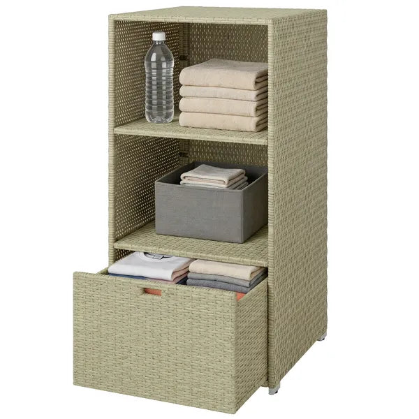 Outsunny Valet Pool Towel Rack, Water-Resistant PE Plastic Rattan Wicker Storage Organizer, 2 Shelves, 1 Basket Drawer Gradient Gray - product image 1