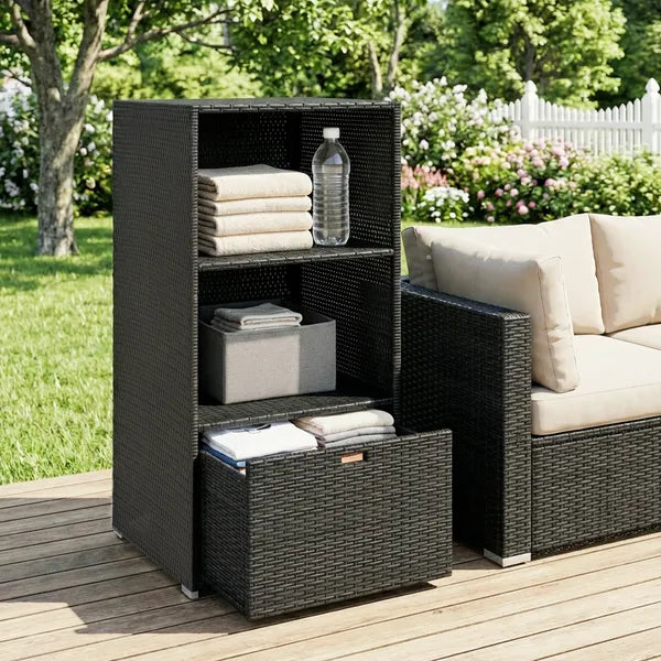 Outsunny Valet Pool Towel Rack, Water-Resistant PE Plastic Rattan Wicker Storage Organizer, 2 Shelves, 1 Basket Drawer Dark Brown - product image 6