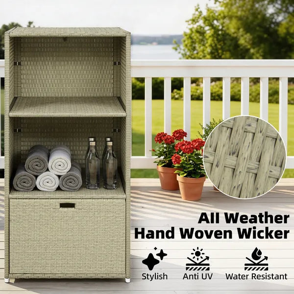 Outsunny Valet Pool Towel Rack, Water-Resistant PE Plastic Rattan Wicker Storage Organizer, 2 Shelves, 1 Basket Drawer Gradient Gray - product image 4