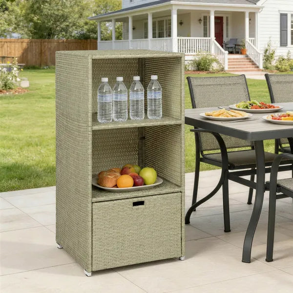 Outsunny Valet Pool Towel Rack, Water-Resistant PE Plastic Rattan Wicker Storage Organizer, 2 Shelves, 1 Basket Drawer Gradient Gray - product image 7