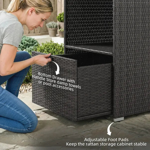Outsunny Valet Pool Towel Rack, Water-Resistant PE Plastic Rattan Wicker Storage Organizer, 2 Shelves, 1 Basket Drawer Dark Brown - product image 5