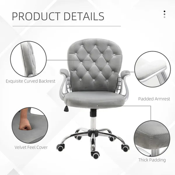 Vinsetto Velvet Office Chair, Button Tufted, Adjustable Swivel, Gray - product image 6
