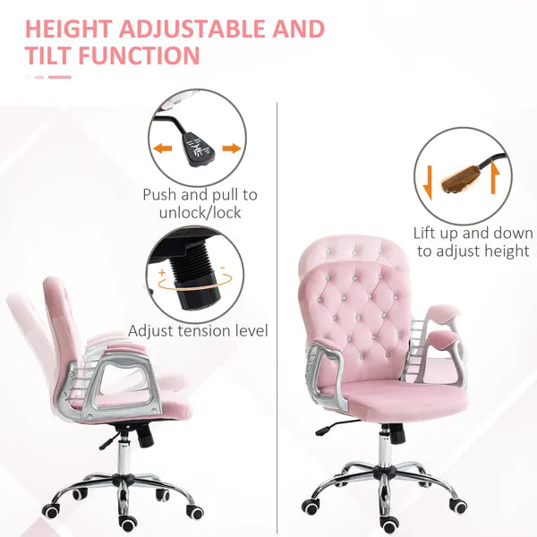 Velvet Office Chair Button Tufted Adjustable Swivel with Padded Armrests Pink - product image 4