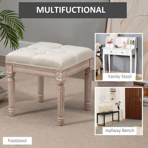 HOMCOM Vintage Ottoman 15.75" Tufted Foot Stool Upholstered Seat Rustic Wood Legs Beige Bedroom Living Room - product image 6