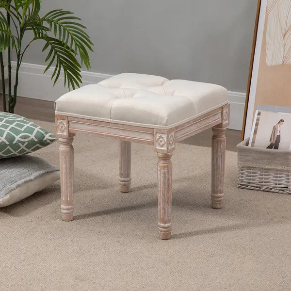 HOMCOM Vintage Ottoman 15.75" Tufted Foot Stool Upholstered Seat Rustic Wood Legs Beige Bedroom Living Room - product image 2
