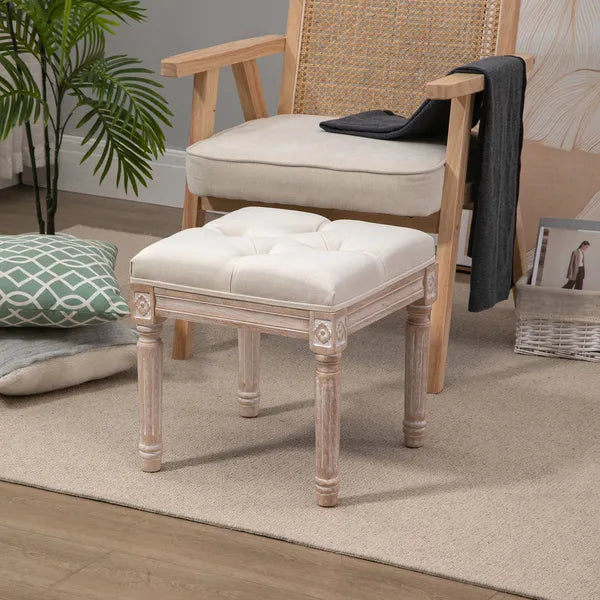 HOMCOM Vintage Ottoman 15.75" Tufted Foot Stool Upholstered Seat Rustic Wood Legs Beige Bedroom Living Room - product image 9