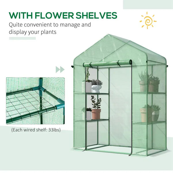 Outsunny Walk-in Greenhouse 56x29x77 inches with 4 Shelves Roll-Up Door Weatherized Cover Green - product image 7