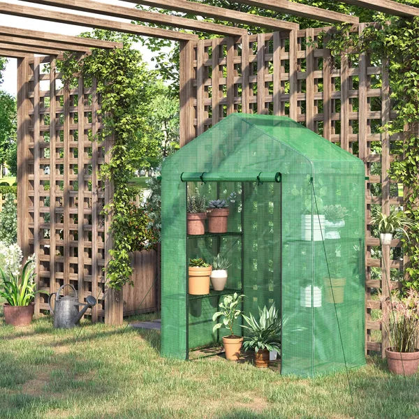 Outsunny Walk-in Greenhouse 56x29x77 inches with 4 Shelves Roll-Up Door Weatherized Cover Green - product image 10