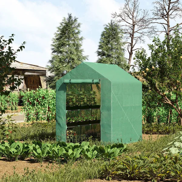 Outsunny Walk-in Greenhouse 7x5x6 ft with PE Cover 3-Tier Shelves Steel Frame Roll-Up Zipper Door for Vegetables Green - product image 2