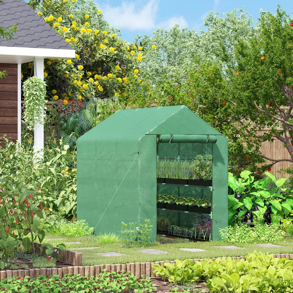 Outsunny Walk-in Greenhouse 7x5x6 ft with PE Cover 3-Tier Shelves Steel Frame Roll-Up Zipper Door for Vegetables Green - product image 10