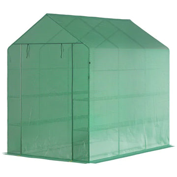 Outsunny Walk-in Greenhouse 7x5x6 ft with PE Cover 3-Tier Shelves Steel Frame Roll-Up Zipper Door for Vegetables Green - product image 1