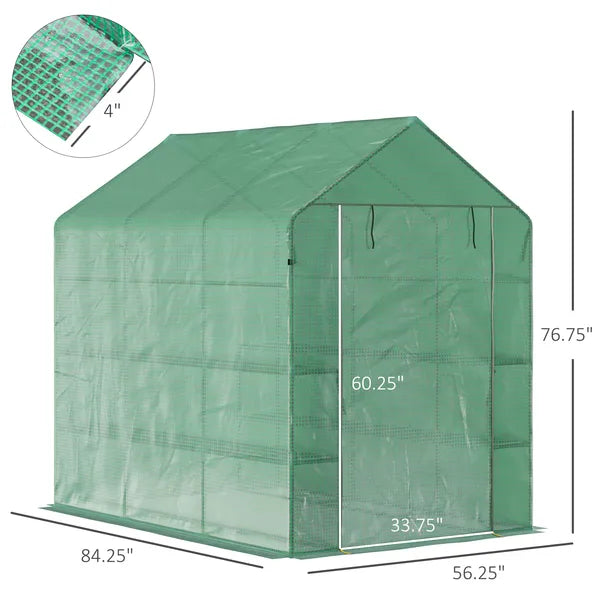 Outsunny Walk-in Greenhouse 7x5x6 ft with PE Cover 3-Tier Shelves Steel Frame Roll-Up Zipper Door for Vegetables Green - product image 3