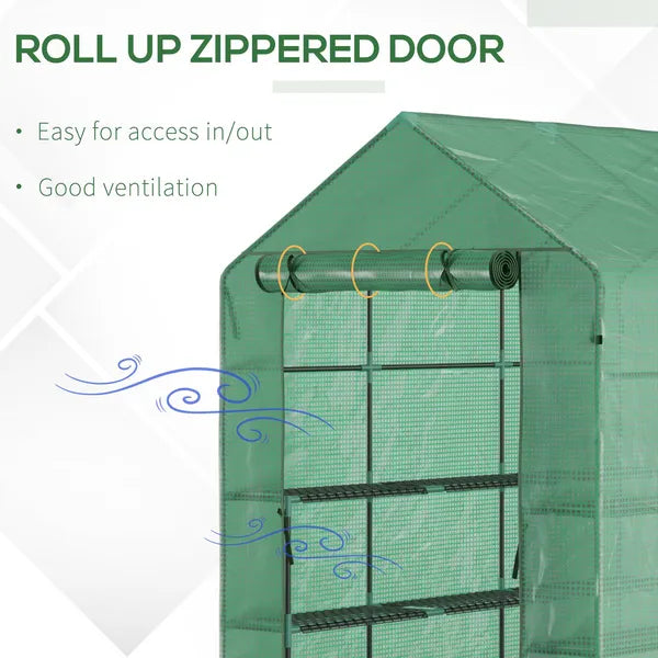 Outsunny Walk-in Greenhouse 7x5x6 ft with PE Cover 3-Tier Shelves Steel Frame Roll-Up Zipper Door for Vegetables Green - product image 6