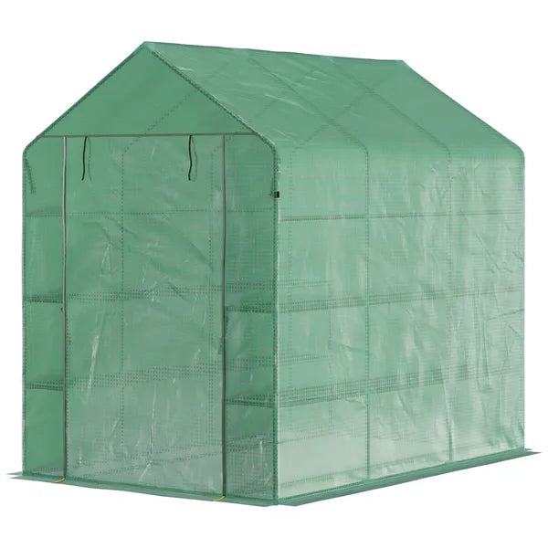 Outsunny Walk-in Greenhouse 7x5x6 ft with PE Cover 3-Tier Shelves Steel Frame Roll-Up Zipper Door for Vegetables Green - product image 11