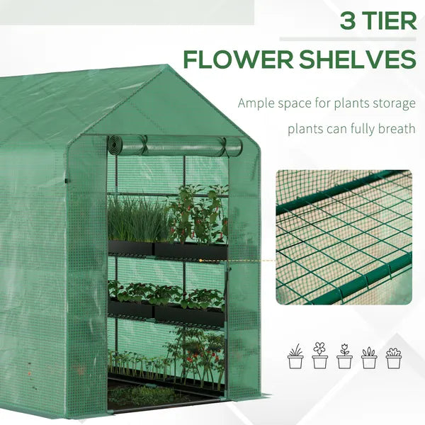 Outsunny Walk-in Greenhouse 7x5x6 ft with PE Cover 3-Tier Shelves Steel Frame Roll-Up Zipper Door for Vegetables Green - product image 7