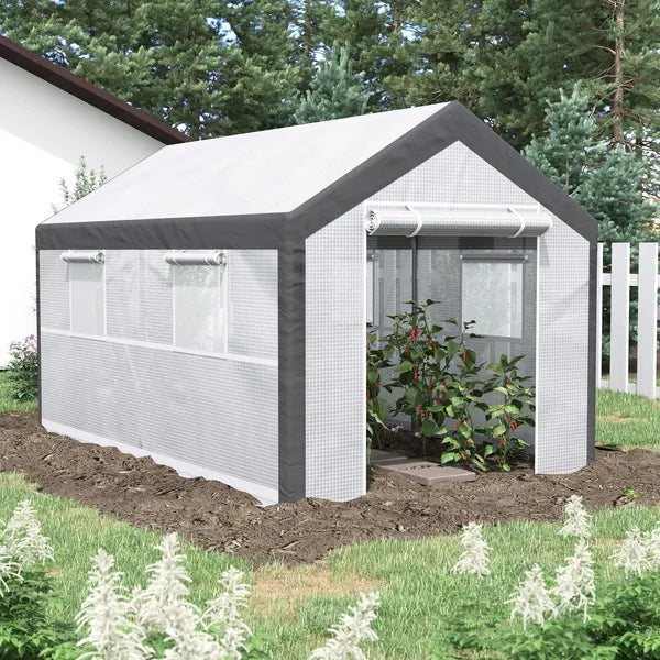 Outsunny Walk-In Tunnel Greenhouse 12x7 White Dark Grey with Roll Up Windows Zippered Mesh Door - product image 10