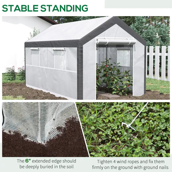 Outsunny Walk-In Tunnel Greenhouse 12x7 White Dark Grey with Roll Up Windows Zippered Mesh Door - product image 6