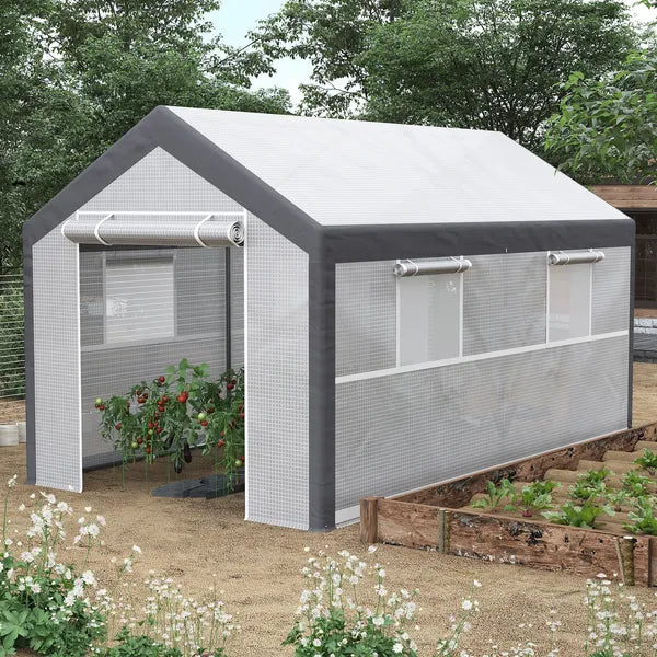 Outsunny Walk-In Tunnel Greenhouse 12x7 White Dark Grey with Roll Up Windows Zippered Mesh Door - product image 2