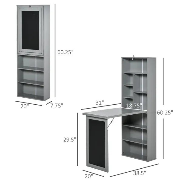 HOMCOM Wall Mounted Table Foldable Desk With Blackboard And Side Shelf, Multi-Function Computer Office Workstation, Gray - product image 3