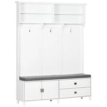HOMCOM White Hall Tree with Storage Bench Entryway Coat Rack Accent Furniture with Shelves Cabinet Drawers for Hallway - product image 1