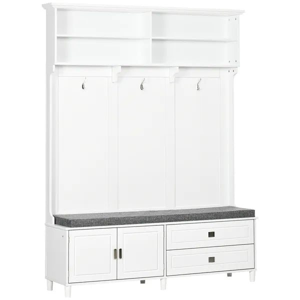 HOMCOM White Hall Tree with Storage Bench Entryway Coat Rack Accent Furniture with Shelves Cabinet Drawers for Hallway - product image 1
