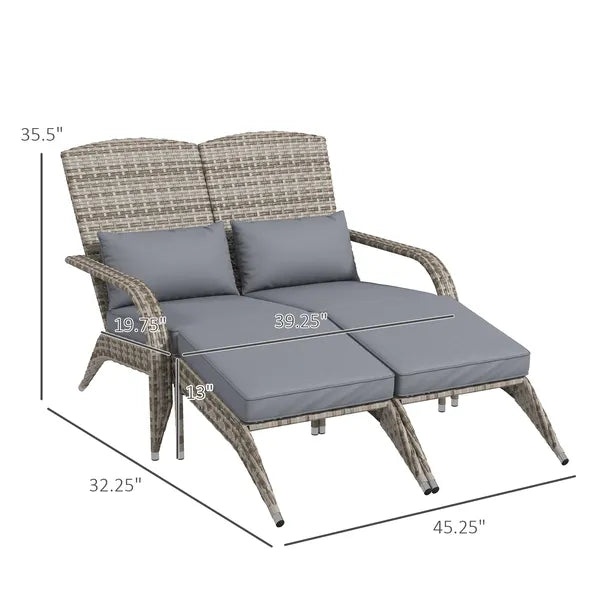 2 Person Wicker Adirondack Chair with Cushions and Footrests, Gray - product image 3