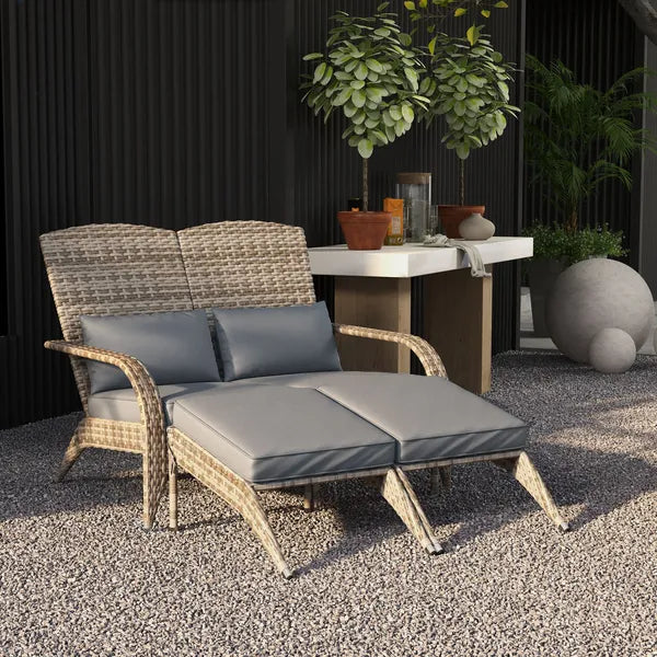 2 Person Wicker Adirondack Chair with Cushions and Footrests, Gray - product image 10