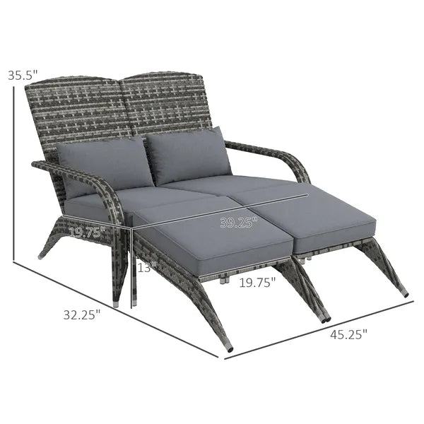 2 Person Wicker Adirondack Chair with Cushions and Footrests, Mixed Gray - product image 3