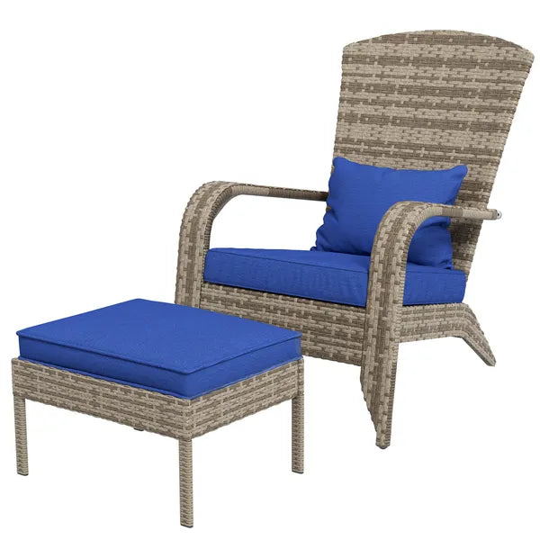 Wicker Adirondack Chair with Ottoman Comfortable Outdoor Seating with Removable Cushions, Blue - product image 1