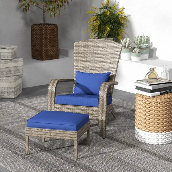 Wicker Adirondack Chair with Ottoman Comfortable Outdoor Seating with Removable Cushions, Blue - product image 10