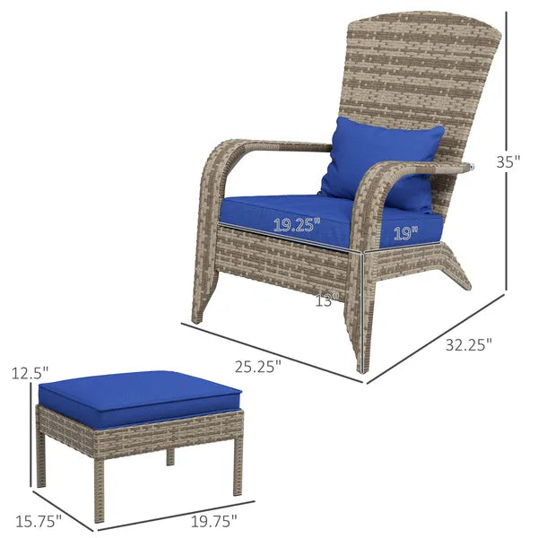 Wicker Adirondack Chair with Ottoman Comfortable Outdoor Seating with Removable Cushions, Blue - product image 3