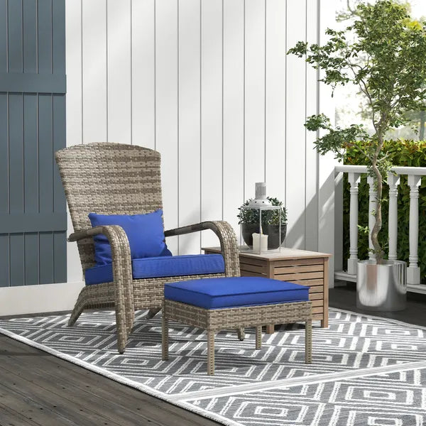 Wicker Adirondack Chair with Ottoman Comfortable Outdoor Seating with Removable Cushions, Blue - product image 2