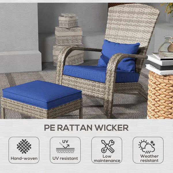 Wicker Adirondack Chair with Ottoman Comfortable Outdoor Seating with Removable Cushions, Blue - product image 4