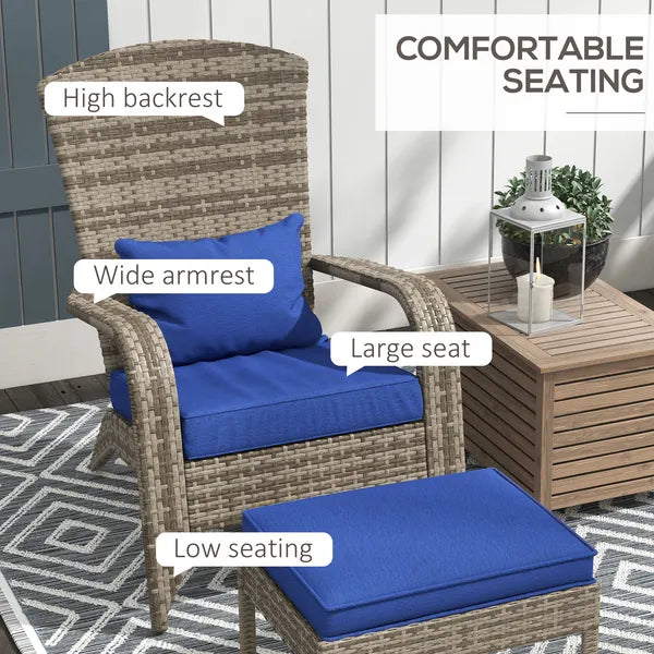 Wicker Adirondack Chair with Ottoman Comfortable Outdoor Seating with Removable Cushions, Blue - product image 5