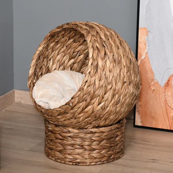 Wicker Elevated Cat Bed with Soft Cushion Brown Cat Egg Chair Shape Indoor - product image 10