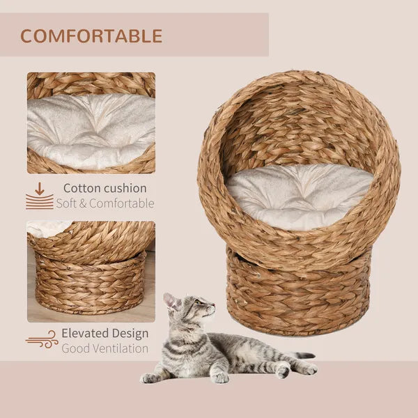 Wicker Elevated Cat Bed with Soft Cushion Brown Cat Egg Chair Shape Indoor - product image 4