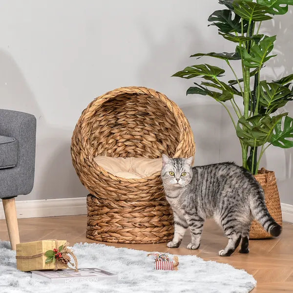 Wicker Elevated Cat Bed with Soft Cushion Brown Cat Egg Chair Shape Indoor - product image 2