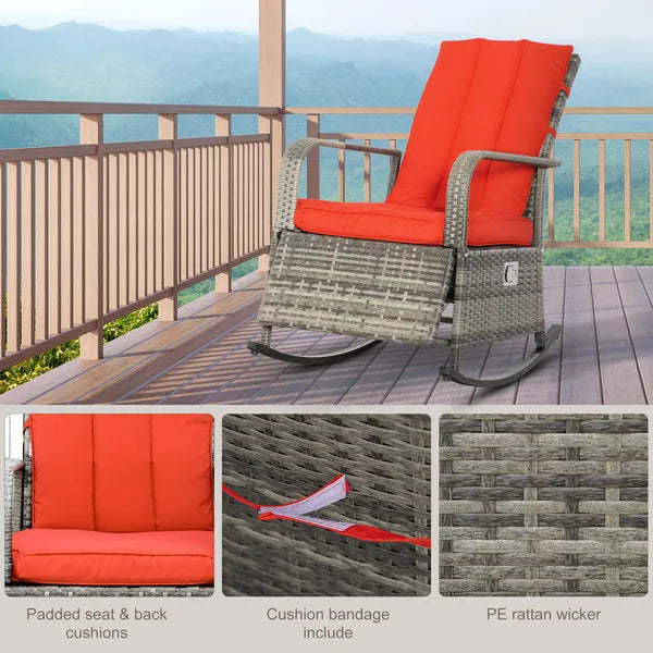 Wicker Rocking Chair Outdoor Recliner Chari with Soft Cushion, Adjustable Footrest, Max. 135 Degree Backrest, Red - product image 7