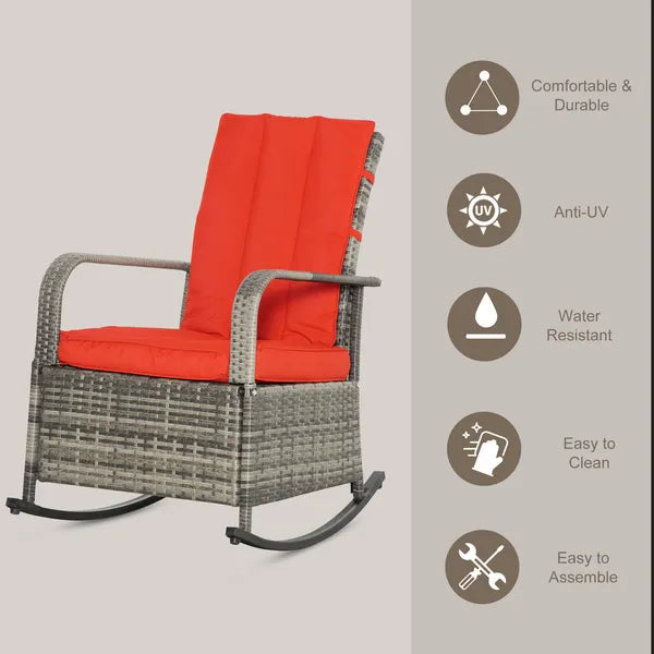 Wicker Rocking Chair Outdoor Recliner Chari with Soft Cushion, Adjustable Footrest, Max. 135 Degree Backrest, Red - product image 4