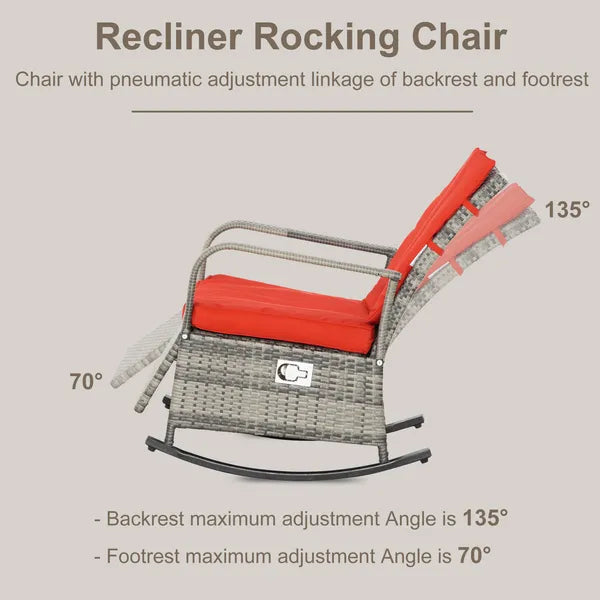 Wicker Rocking Chair Outdoor Recliner Chari with Soft Cushion, Adjustable Footrest, Max. 135 Degree Backrest, Red - product image 5