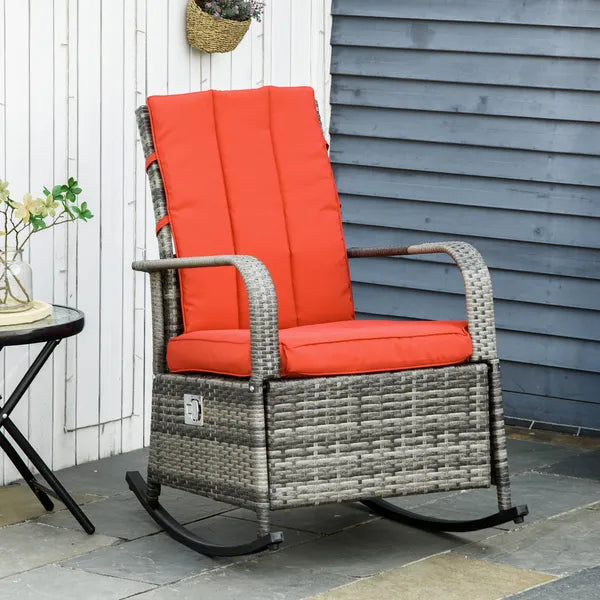 Wicker Rocking Chair Outdoor Recliner Chari with Soft Cushion, Adjustable Footrest, Max. 135 Degree Backrest, Red - product image 2