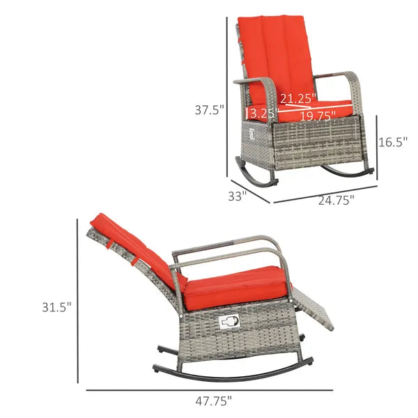 Wicker Rocking Chair Outdoor Recliner Chari with Soft Cushion, Adjustable Footrest, Max. 135 Degree Backrest, Red - product image 3