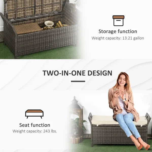 Outsunny Wicker Storage Bench Cream White Outdoor Patio PE Rattan Large Capacity - product image 6