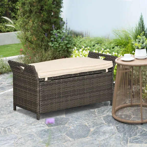 Outsunny Wicker Storage Bench Cream White Outdoor Patio PE Rattan Large Capacity - product image 10