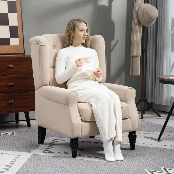 Wingback Accent Chair for Living Room, Button-Tufted Lounge Chair with Round Armrests and Wood Legs, Beige - product image 2
