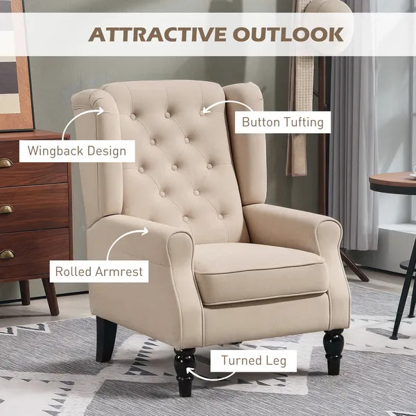 Wingback Accent Chair for Living Room, Button-Tufted Lounge Chair with Round Armrests and Wood Legs, Beige - product image 4