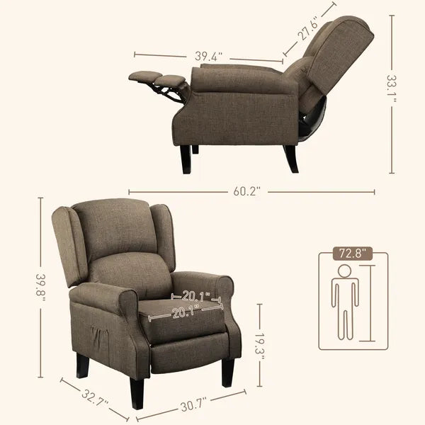 Wingback Brown Recliner Massage Chair with Heat Fabric Sofa Remote Control and Footrest for Living Room - product image 3