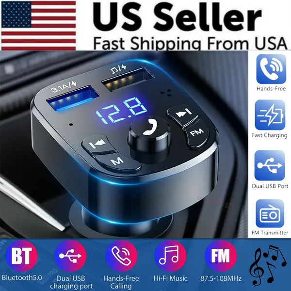 Bluetooth 5.0 Car FM Transmitter with Dual USB Charger and Hands Free Calling